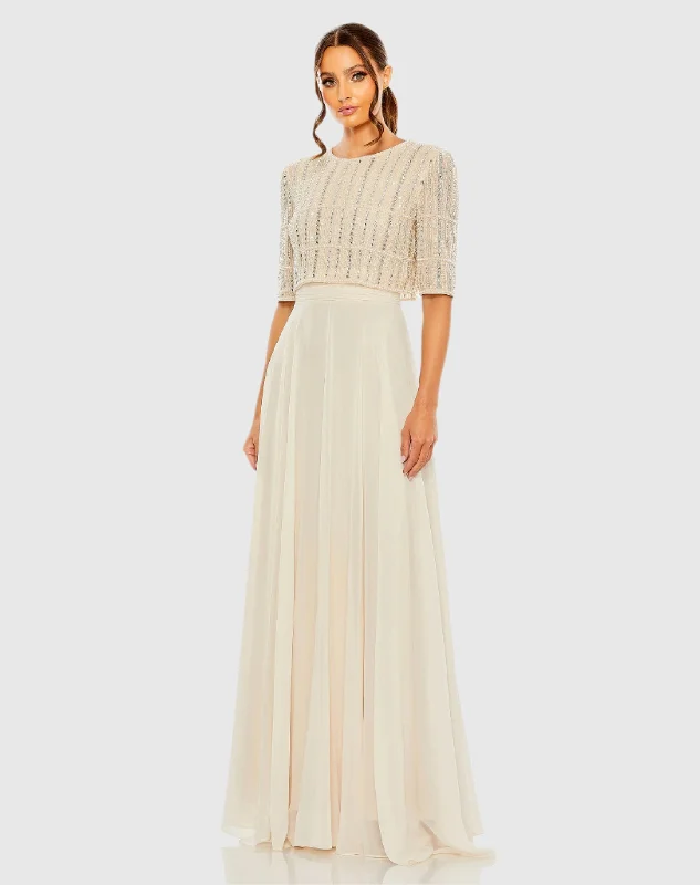 "Mother of the groom dresses for women in sophisticated designs"Chiffon Gown w/ Fully Beaded 3/4 Sleeve Top "Mother of the groom dresses for women in sophisticated designs"Chiffon Gown w/ Fully Beaded 3/4 Sleeve Top
