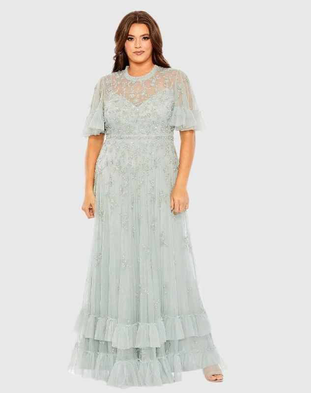 "White dresses for women for a fresh and clean look"Embellished Flutter Sleeve Ruffle Tiered Gown "White dresses for women for a fresh and clean look"Embellished Flutter Sleeve Ruffle Tiered Gown