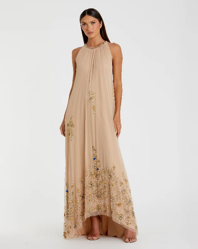 "Chiffon dresses for women with a flowy and light feel"High Neck Floral Embellished Trapeze Gown "Chiffon dresses for women with a flowy and light feel"High Neck Floral Embellished Trapeze Gown