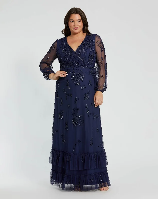"Mother of the groom dresses for women in sophisticated designs"Puff Sleeve V-Neck TIered Embellished Gown - Plus "Mother of the groom dresses for women in sophisticated designs"Puff Sleeve V-Neck TIered Embellished Gown - Plus