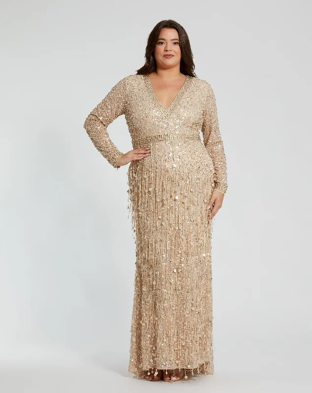 "Stylish cocktail dresses for women on a budget"Embellished Fringe Long Sleeve Gown "Stylish cocktail dresses for women on a budget"Embellished Fringe Long Sleeve Gown