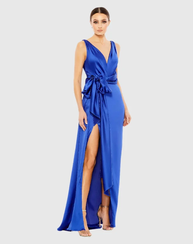 "Midi dresses for women with unique patterns"Sleeveless Self Tie Draped Gown w/ Overlay Train "Midi dresses for women with unique patterns"Sleeveless Self Tie Draped Gown w/ Overlay Train