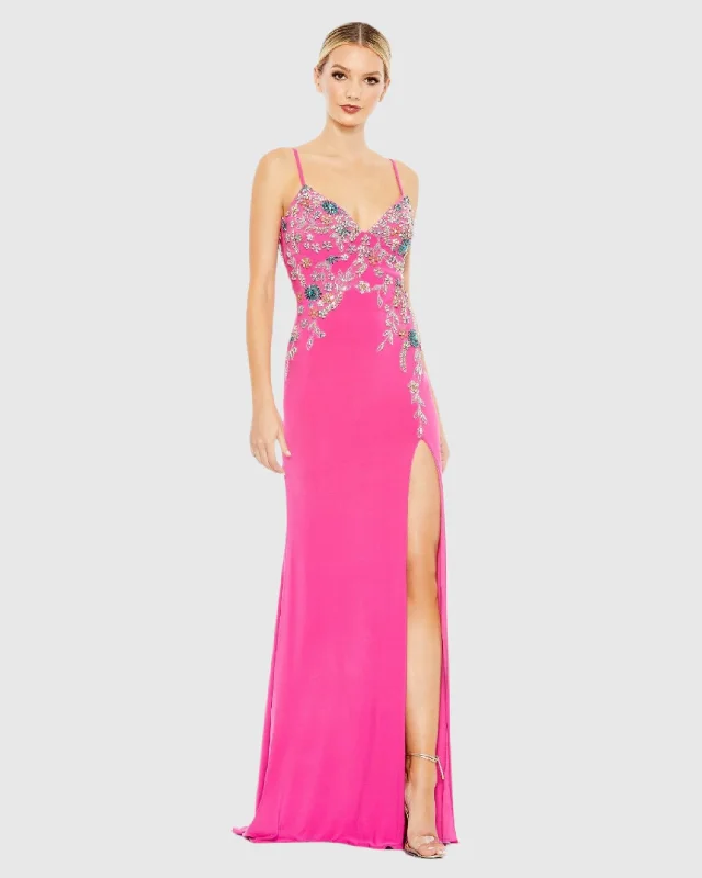 "Affordable plus size women's summer dresses"Multi Color Beaded Floral Cami Gown