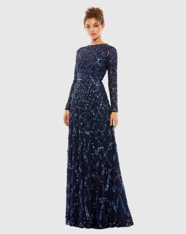 "Petite women's dresses with flattering fits"Embellished Illusion High Neck Long Sleeve A Line Gown "Petite women's dresses with flattering fits"Embellished Illusion High Neck Long Sleeve A Line Gown
