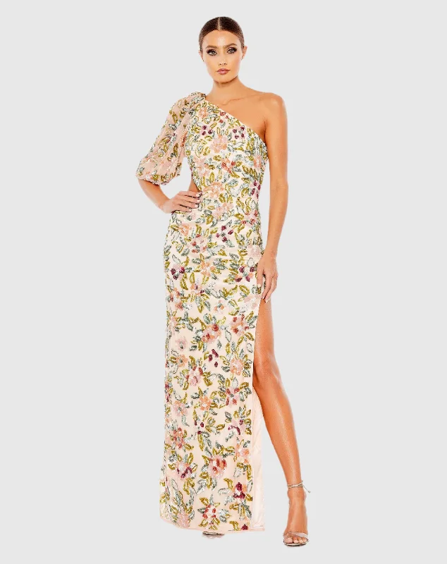 "Work - appropriate dresses for professional women"One Shoulder Floral Embellished Gown "Work - appropriate dresses for professional women"One Shoulder Floral Embellished Gown