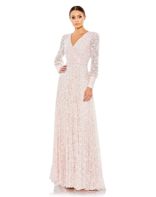 "Affordable plus size women's summer dresses"Beaded Lace Long Sleeve Wrap Over Gown