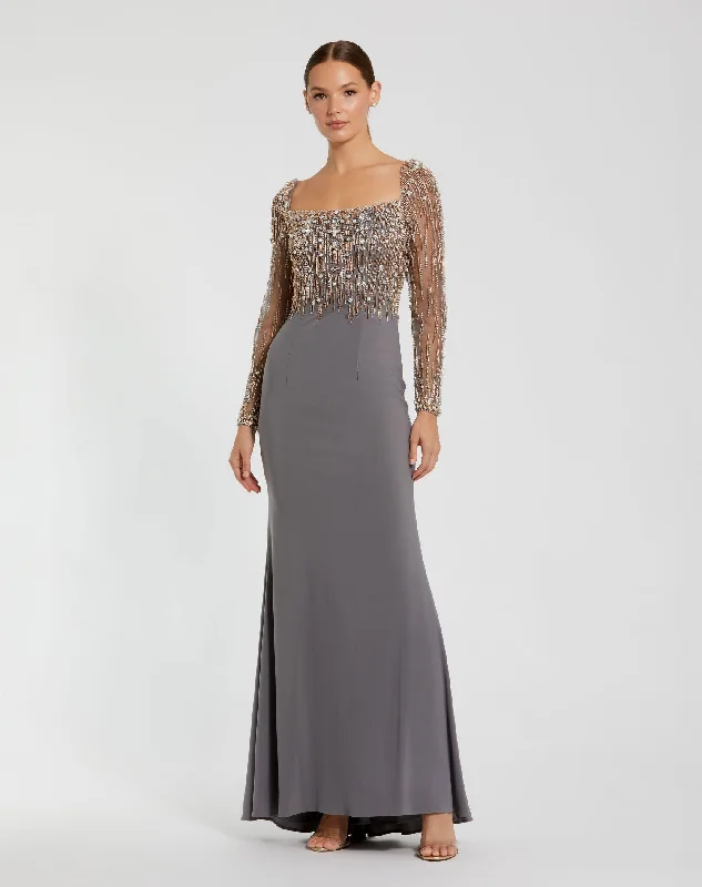 "Maxi dresses for women to wear in the fall"Beaded Square Neck Long Sleeve Jersey Gown "Maxi dresses for women to wear in the fall"Beaded Square Neck Long Sleeve Jersey Gown