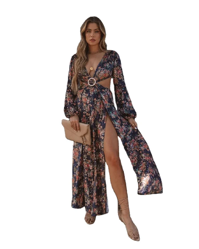 "Midi dresses for women with unique patterns"D0410TA56 Vacation Style Sexy V-neck Floral Print Slit Maxi Dress Women Sehe Fashion "Midi dresses for women with unique patterns"D0410TA56 Vacation Style Sexy V-neck Floral Print Slit Maxi Dress Women Sehe Fashion