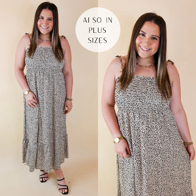 "Beaded dresses for women for a glamorous look"Last Chance Size 2XL | Wild Thoughts Dotted Print Maxi Dress with Spaghetti Straps in Taupe "Beaded dresses for women for a glamorous look"Last Chance Size 2XL | Wild Thoughts Dotted Print Maxi Dress with Spaghetti Straps in Taupe