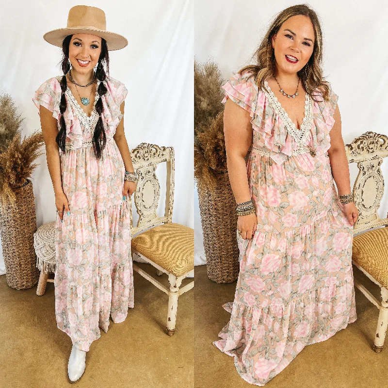 "Work - appropriate dresses for professional women"Sunlight Hours Watercolor Floral Maxi Dress with Crochet Detailing in Peach Pink "Work - appropriate dresses for professional women"Sunlight Hours Watercolor Floral Maxi Dress with Crochet Detailing in Peach Pink