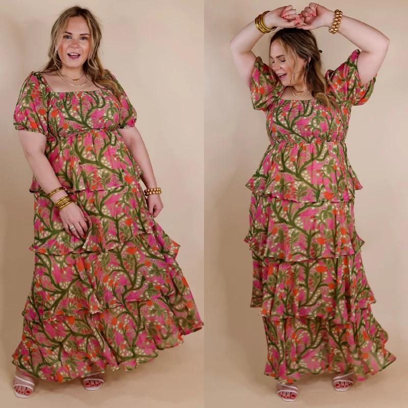 "Long sleeve dresses for women in cold weather"Fun Feeling Floral Tiered Maxi Dress with Smocked Balloon Sleeves in Green Mix "Long sleeve dresses for women in cold weather"Fun Feeling Floral Tiered Maxi Dress with Smocked Balloon Sleeves in Green Mix