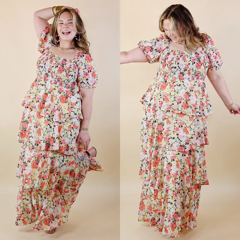 "Trendy casual dresses for women to wear at the beach"Fun Feeling Floral Tiered Maxi Dress with Smocked Balloon Sleeves in Yellow Mix