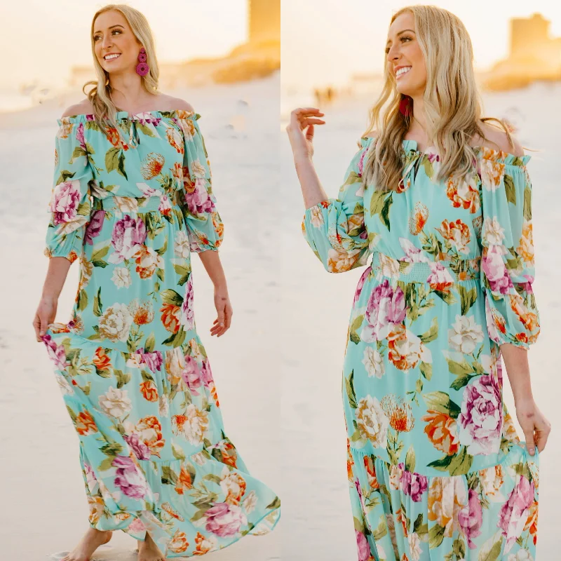 "Bohemian - style women's dresses for music festivals"Last Chance Size Small & Medium | In Focus Light Off the Shoulder Floral Maxi Dress in Mint Green "Bohemian - style women's dresses for music festivals"Last Chance Size Small & Medium | In Focus Light Off the Shoulder Floral Maxi Dress in Mint Green