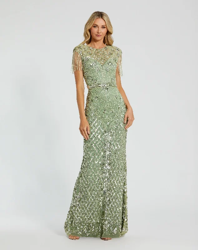 "Beach wedding dresses for women for a laid - back ceremony"High Neck Sleeveless Beaded Fringe Fitted Gown "Beach wedding dresses for women for a laid - back ceremony"High Neck Sleeveless Beaded Fringe Fitted Gown