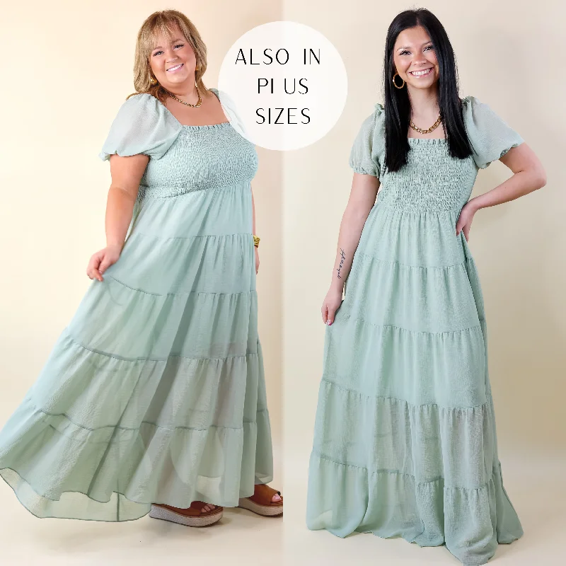 "Midi dresses for women with unique patterns"Honeysuckle Love Tiered Maxi Dress with Smocked Bodice in Sage Green