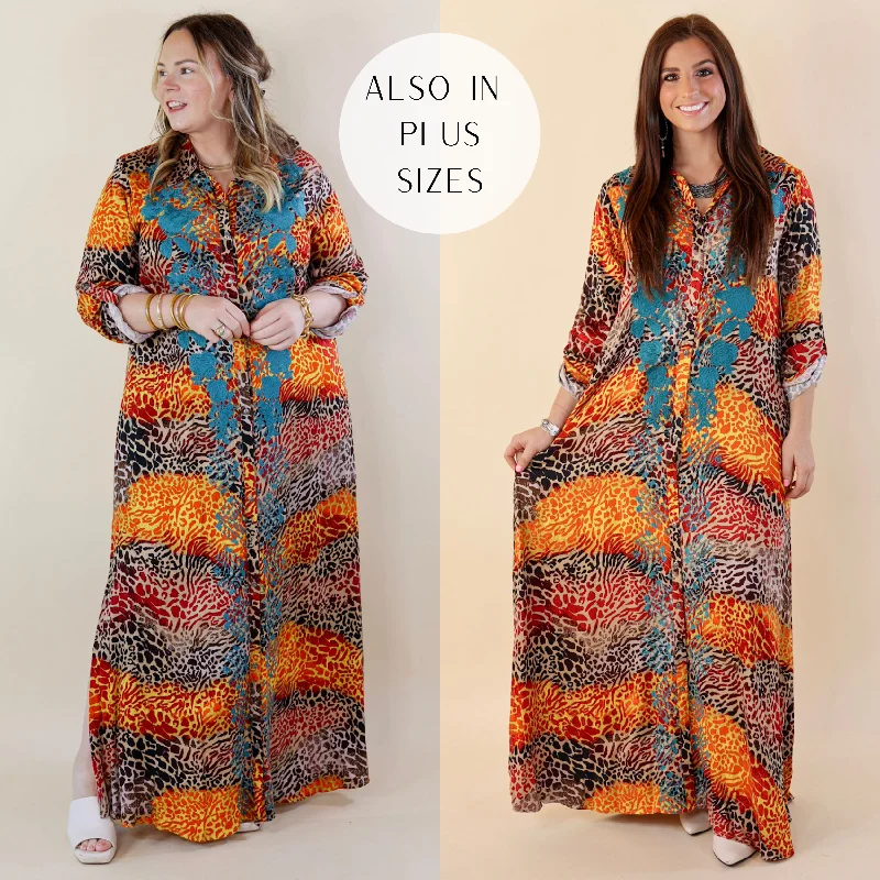 "Sequined dresses for women to shine at parties"I'm All That Long Multi Color Leopard Button Up Maxi Dress with Turquoise Floral Print Embroidery "Sequined dresses for women to shine at parties"I'm All That Long Multi Color Leopard Button Up Maxi Dress with Turquoise Floral Print Embroidery