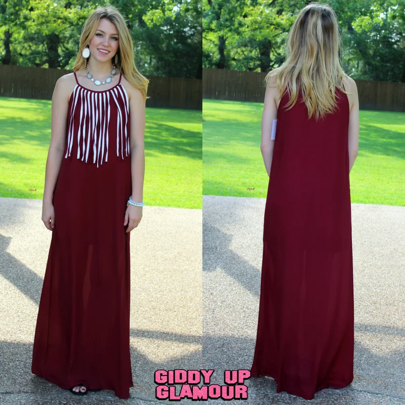 "Chiffon dresses for women with a flowy and light feel"Last Chance Size Small | I'm So Fringy Maxi Dress in Maroon & White "Chiffon dresses for women with a flowy and light feel"Last Chance Size Small | I'm So Fringy Maxi Dress in Maroon & White