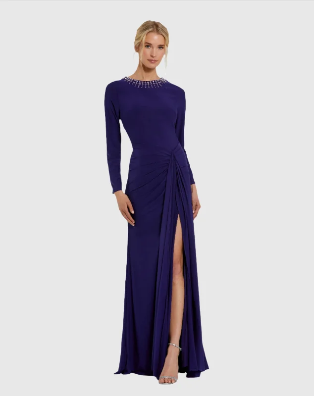 "Simple wedding dresses for women who prefer understated elegance"Long Sleeve Jersey Ruched Gown With Beaded Neck