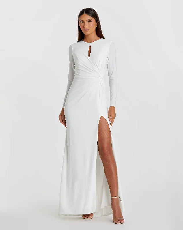 "Off - shoulder dresses for women to show off collarbones"Long Sleeve Keyhole Draped Gown "Off - shoulder dresses for women to show off collarbones"Long Sleeve Keyhole Draped Gown