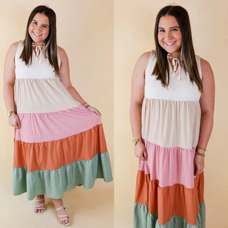 "Striped dresses for women with a classic touch"Calm Waters High Neck Tiered Maxi Dress in Cream Mix "Striped dresses for women with a classic touch"Calm Waters High Neck Tiered Maxi Dress in Cream Mix