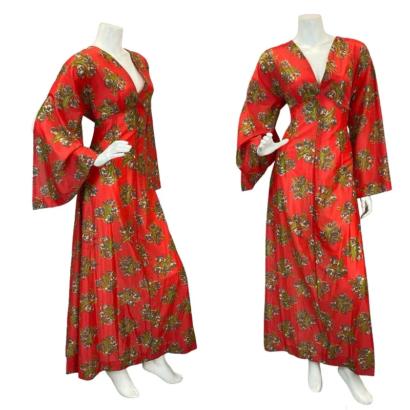 "Pleated dresses for women with a graceful movement"MAXI VTG 60s 70s BELL SLEEVE V-NECK RED GREEN BROWN BOHO MAXI DRESS 10 12 "Pleated dresses for women with a graceful movement"MAXI VTG 60s 70s BELL SLEEVE V-NECK RED GREEN BROWN BOHO MAXI DRESS 10 12