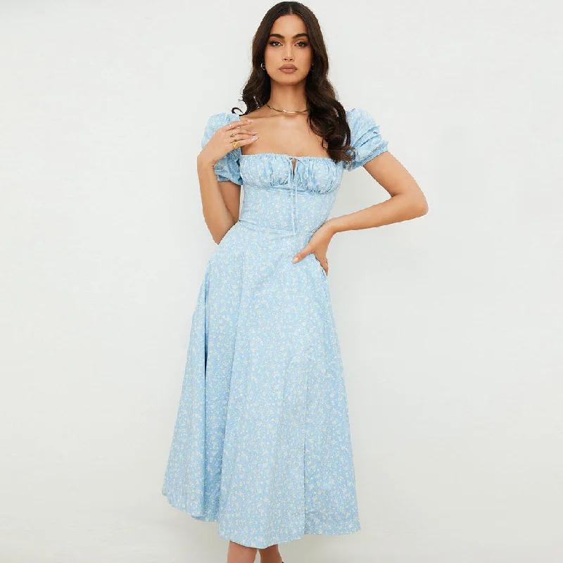 "Black dresses for women for a classic and timeless appearance"Daisy Printed Puff Sleeve High Slit Smock Maxi Sundress - Sky Blue "Black dresses for women for a classic and timeless appearance"Daisy Printed Puff Sleeve High Slit Smock Maxi Sundress - Sky Blue