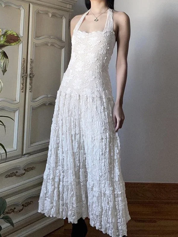 "Chiffon dresses for women with a flowy and light feel"White Floral Lace Halter Maxi Dress "Chiffon dresses for women with a flowy and light feel"White Floral Lace Halter Maxi Dress