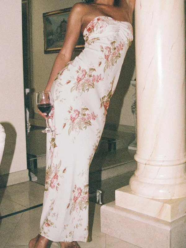 "Polka dot dresses for women with a retro vibe"Strapless Floral Maxi Dresses