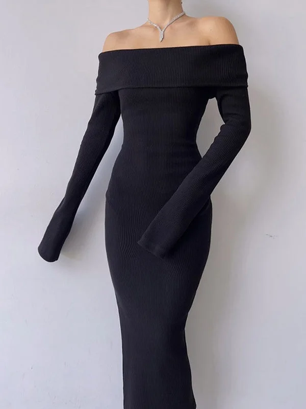 "Comfortable maternity dresses for pregnant women"Off Shoulder Black Long Sleeve Knitted Maxi Dress "Comfortable maternity dresses for pregnant women"Off Shoulder Black Long Sleeve Knitted Maxi Dress