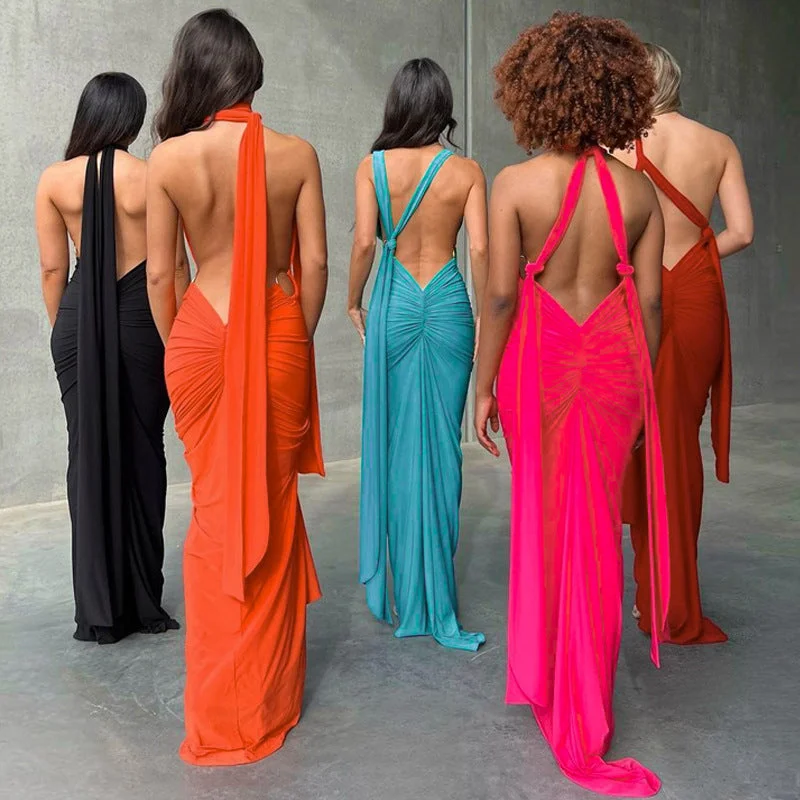 "Polka dot dresses for women with a retro vibe"New Trending Ruched backless Sexy Halter Dresses Sleeveless Bodycon Maxi Long Dress Summer Elegant Dress