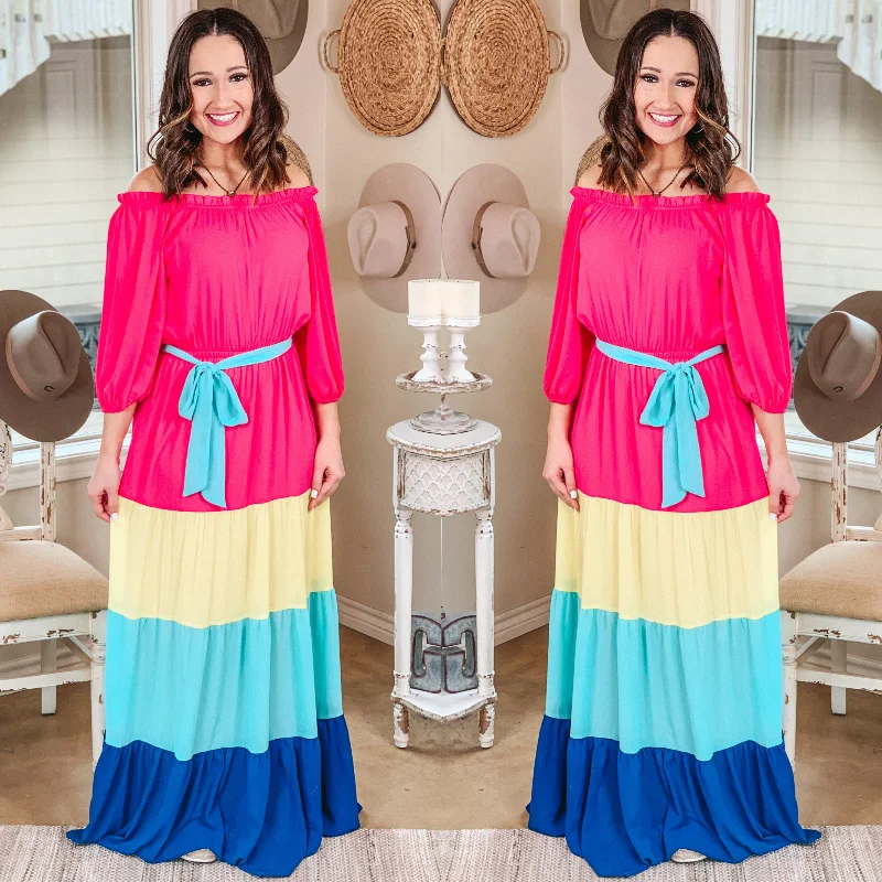 "Stylish cocktail dresses for women on a budget"Soul of Sunshine Off the Shoulder Color Block Maxi Dress in Pink, Yellow, and Blue "Stylish cocktail dresses for women on a budget"Soul of Sunshine Off the Shoulder Color Block Maxi Dress in Pink, Yellow, and Blue
