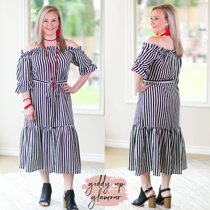 "Sleeveless dresses for women during hot summer days"Jailhouse Rock Off The Shoulder Striped Midi Maxi Dress in Black "Sleeveless dresses for women during hot summer days"Jailhouse Rock Off The Shoulder Striped Midi Maxi Dress in Black