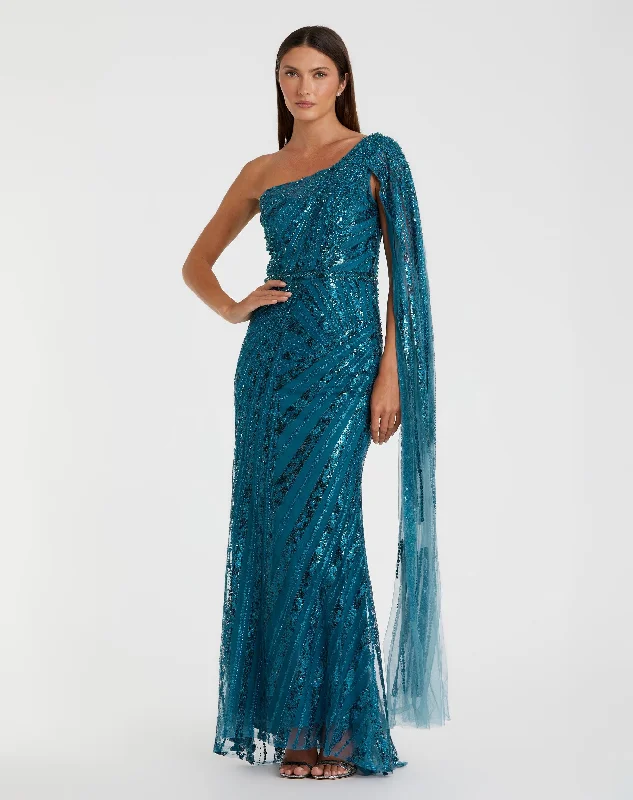 "Seasonal Sale: Save Big on Women's Dresses for Every Occasion"One Shoulder Cape Sleeve Embellished Gown "Seasonal Sale: Save Big on Women's Dresses for Every Occasion"One Shoulder Cape Sleeve Embellished Gown