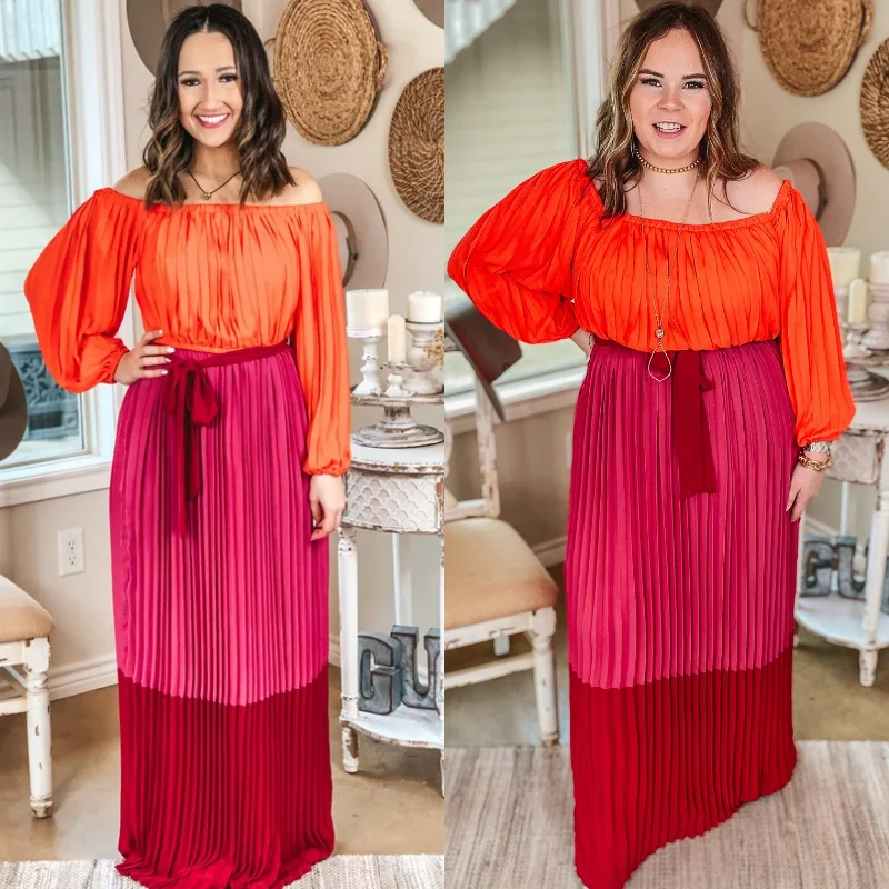 "Limited - Time Offer: Up to 50% Off on Women's Dresses!"Last Chance Size Small & Medium | Walk On The Bright Side Pleated Off the Shoulder Color Block Maxi Dress in Pink "Limited - Time Offer: Up to 50% Off on Women's Dresses!"Last Chance Size Small & Medium | Walk On The Bright Side Pleated Off the Shoulder Color Block Maxi Dress in Pink