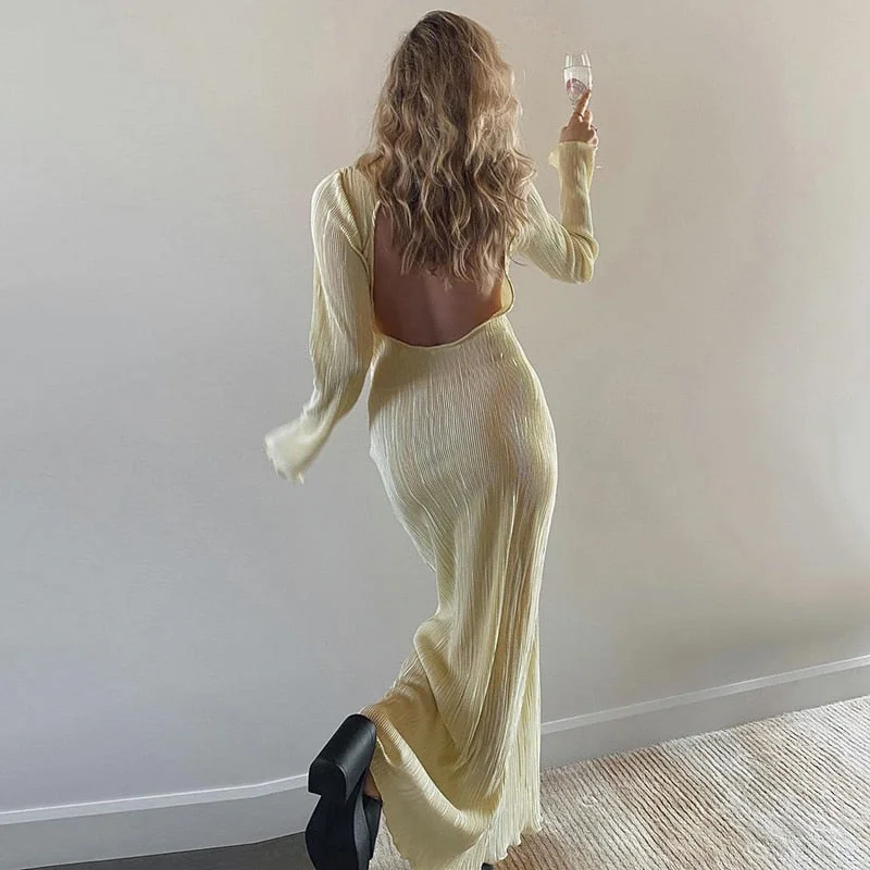 "Long sleeve dresses for women in cold weather"BerriesJam - 2024 Pleated Backless Long Sleeve Evening Maxi Dress "Long sleeve dresses for women in cold weather"BerriesJam - 2024 Pleated Backless Long Sleeve Evening Maxi Dress