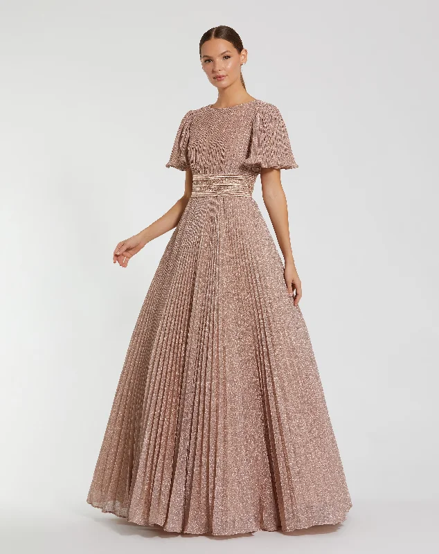 "Boho wedding dresses for women for a free - spirited vibe"Pleated Shimmering Georgette Flutter Sleeve Gown "Boho wedding dresses for women for a free - spirited vibe"Pleated Shimmering Georgette Flutter Sleeve Gown