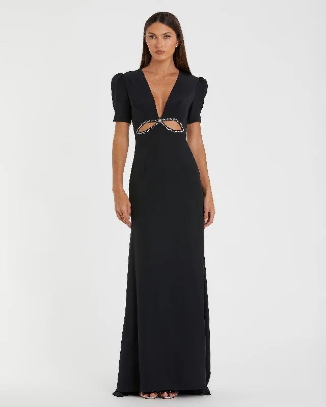 "Elegant wedding guest dresses for women under $100"Plunge Neck Puff Sleeve Cut Out Gown