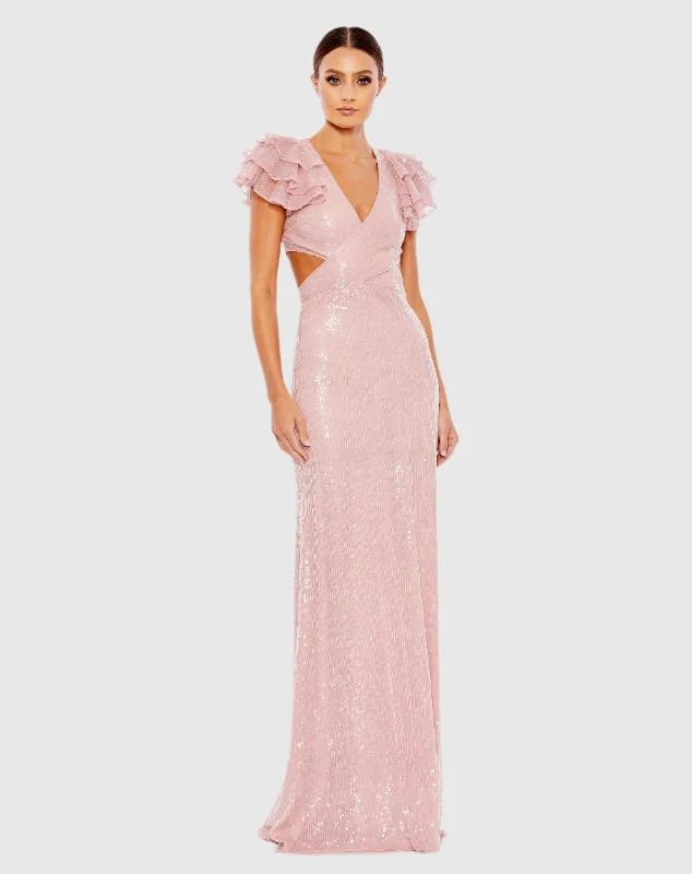 "Satin dresses for women for a luxurious appearance"Sequined Ruffled Cut Out Lace Up Gown "Satin dresses for women for a luxurious appearance"Sequined Ruffled Cut Out Lace Up Gown