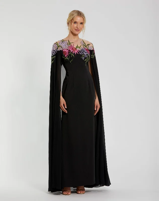 "Black dresses for women for a classic and timeless appearance"Sheer Cape Gown with Beaded Embroidery "Black dresses for women for a classic and timeless appearance"Sheer Cape Gown with Beaded Embroidery