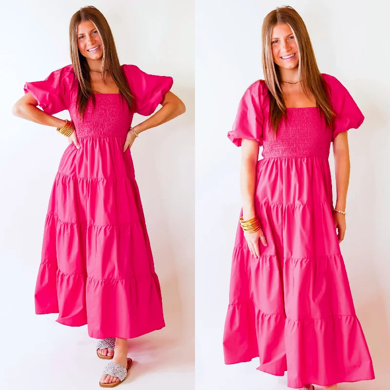 "Boho wedding dresses for women for a free - spirited vibe"Santorini Sunshine Short Balloon Sleeve Maxi Dress in Fuschia Pink "Boho wedding dresses for women for a free - spirited vibe"Santorini Sunshine Short Balloon Sleeve Maxi Dress in Fuschia Pink