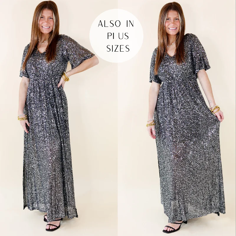 "A - line dresses for women to flatter the figure"Sparkle In The City Short Sleeve Sequin Maxi Dress in Black "A - line dresses for women to flatter the figure"Sparkle In The City Short Sleeve Sequin Maxi Dress in Black