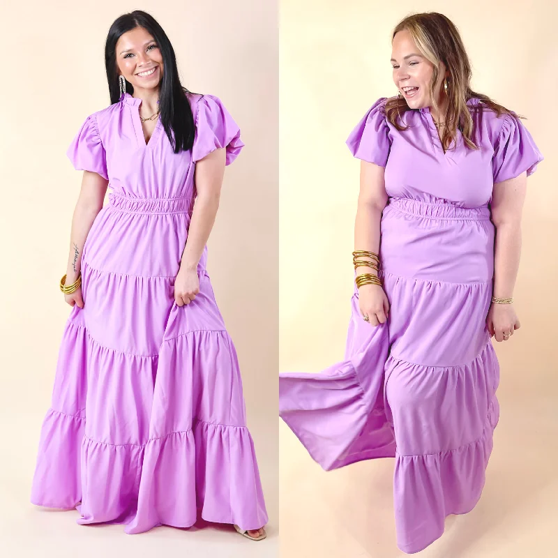 "Work - appropriate dresses for professional women"Table for Two Tiered Maxi Dress with Puff Sleeves in Lavender Purple "Work - appropriate dresses for professional women"Table for Two Tiered Maxi Dress with Puff Sleeves in Lavender Purple