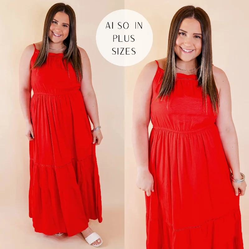 "Elegant wedding guest dresses for women under $100"Tranquil Tides Tiered Maxi Dress in Red "Elegant wedding guest dresses for women under $100"Tranquil Tides Tiered Maxi Dress in Red