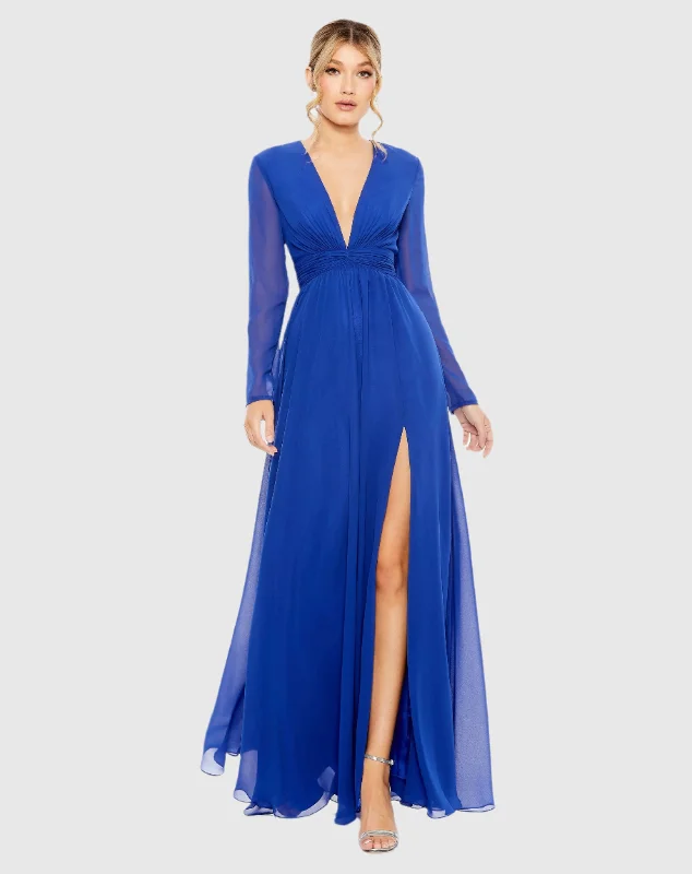 "Chiffon dresses for women with a flowy and light feel"V-Neck Front Twist Long Sleeve Gown "Chiffon dresses for women with a flowy and light feel"V-Neck Front Twist Long Sleeve Gown