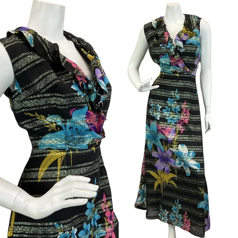 "Off - shoulder dresses for women to show off collarbones"VINTAGE 60s 70s BLACK PINK BLUE FLORAL BOHO DISCO PARTY MAXI DRESS 8 "Off - shoulder dresses for women to show off collarbones"VINTAGE 60s 70s BLACK PINK BLUE FLORAL BOHO DISCO PARTY MAXI DRESS 8