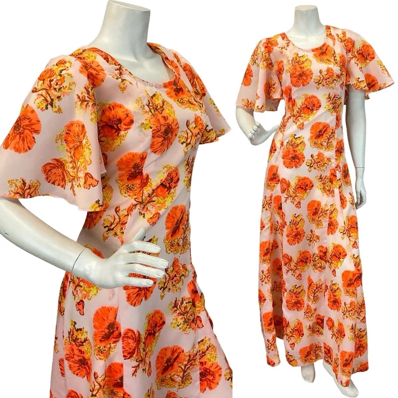 "Long sleeve dresses for women in cold weather"VINTAGE 60s 70s BUTTERFLY SLEEVE ORANGE FLORAL MAXI DRESS 12 14 "Long sleeve dresses for women in cold weather"VINTAGE 60s 70s BUTTERFLY SLEEVE ORANGE FLORAL MAXI DRESS 12 14