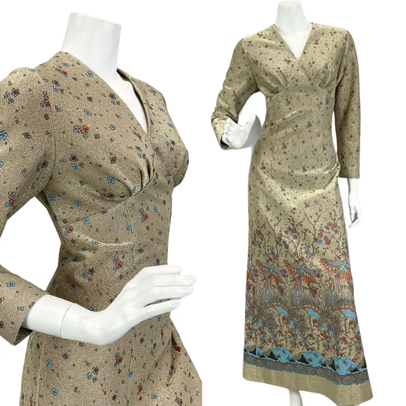 "Vintage - look women's dresses for a retro charm"VINTAGE 60s 70s GOLD SPARKLY FLORAL BIRD PRINT DISCO BOHO FOLK MAXI DRESS 10 12 "Vintage - look women's dresses for a retro charm"VINTAGE 60s 70s GOLD SPARKLY FLORAL BIRD PRINT DISCO BOHO FOLK MAXI DRESS 10 12
