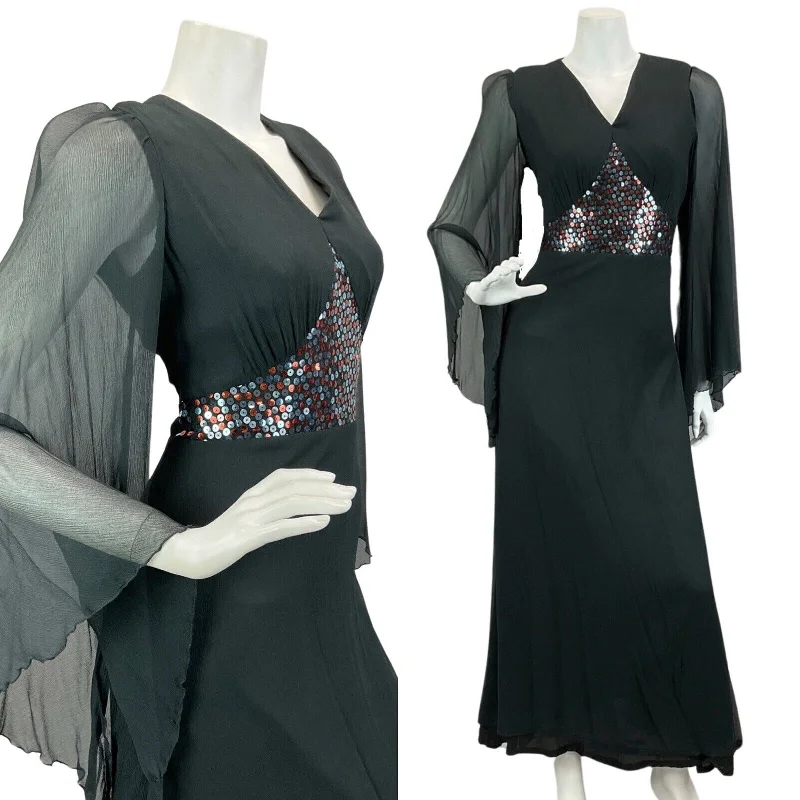 "Simple wedding dresses for women who prefer understated elegance"VTG 60s 70s BLACK SEQUIN FLOATY ANGEL SLEEVE PARTY BOHO FOLK  MAXI DRESS 10 12