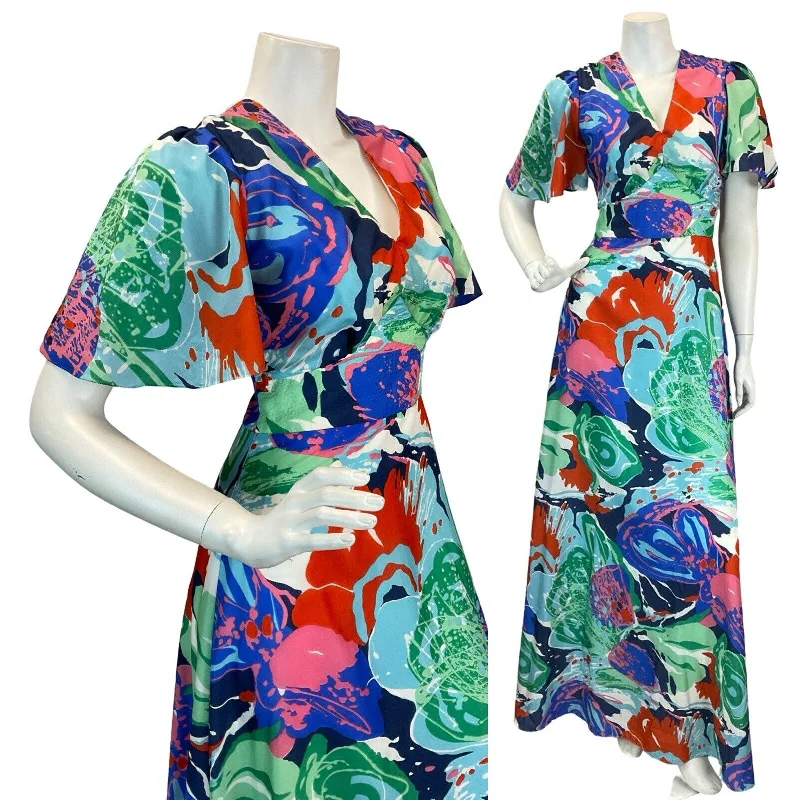 "Mini dresses for women for a youthful and trendy look"VTG 60S 70S BRIGHT ABSTRACT PATTERN BUTTERFLY SLEEVE MAXI DRESS 6 8 "Mini dresses for women for a youthful and trendy look"VTG 60S 70S BRIGHT ABSTRACT PATTERN BUTTERFLY SLEEVE MAXI DRESS 6 8