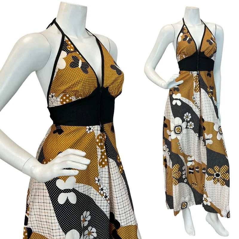 "Hurry! Limited Stock - Get Your Dream Dress with a Special Discount"VTG 60S 70S BROWN BEIGE BLAC RETRO FLORAL PATTERN HALTERNECK MAXI DRESS 4 6 "Hurry! Limited Stock - Get Your Dream Dress with a Special Discount"VTG 60S 70S BROWN BEIGE BLAC RETRO FLORAL PATTERN HALTERNECK MAXI DRESS 4 6